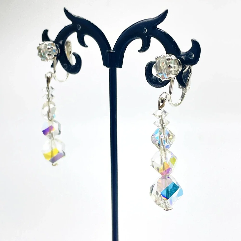 Vintage Dangle Earrings AB Aurora Borealis Clip On Silver Tone Faceted Beads